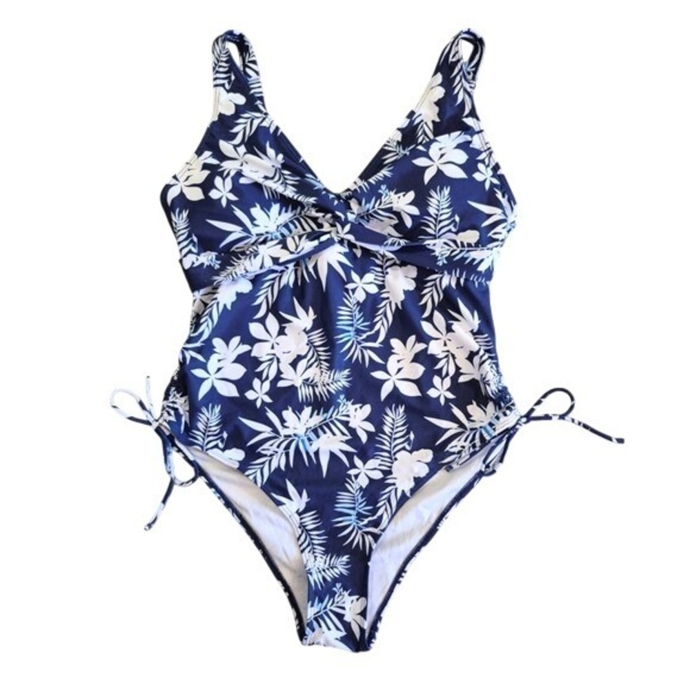 AIMAGE Womens XL Floral One Piece Swimsuit Navy Blue White Twisted V-Neck‎ NWT